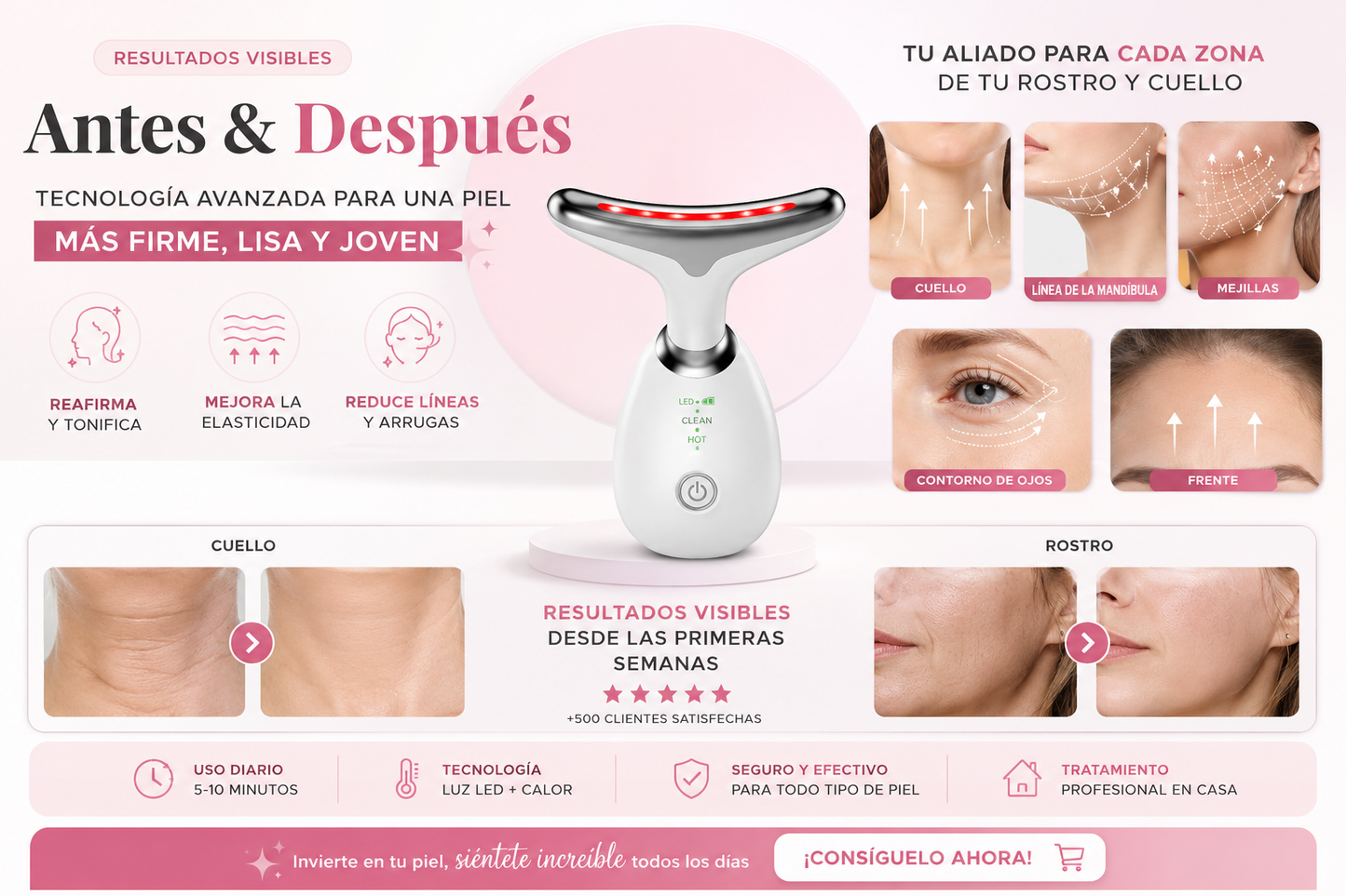 Masajeador Facial y de Cuello con Terapia LED 7 en 1